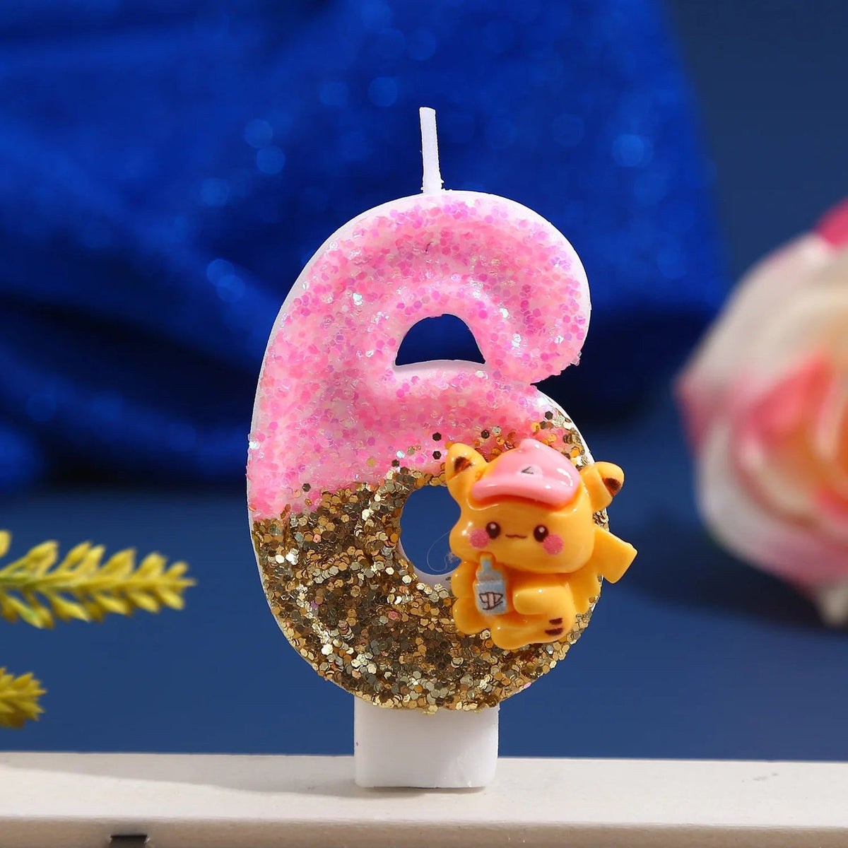 Pink Pikachu glitter birthday number candle – Number 6