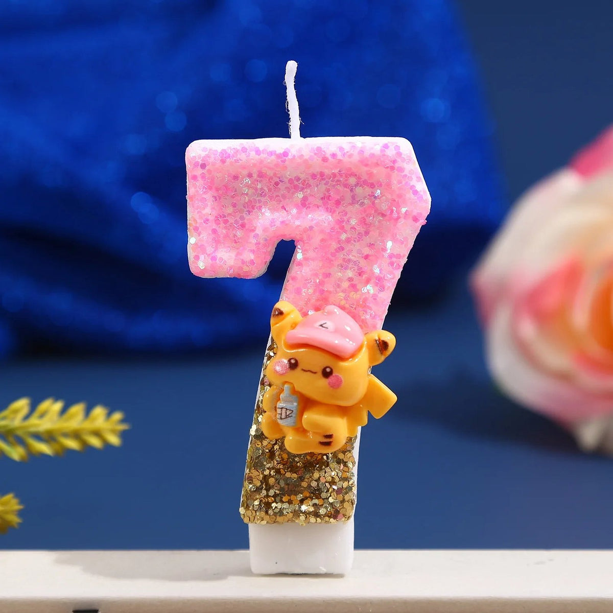 Pink Pikachu glitter birthday number candle – Number 7