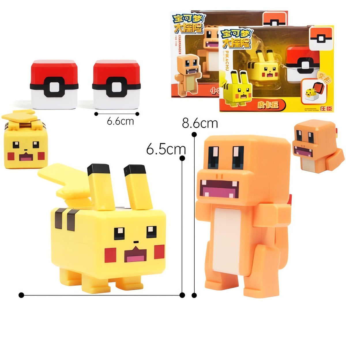 Pixel-style Pokémon figure with a square Poké Ball – Pikachu & Charmander (Boxed)