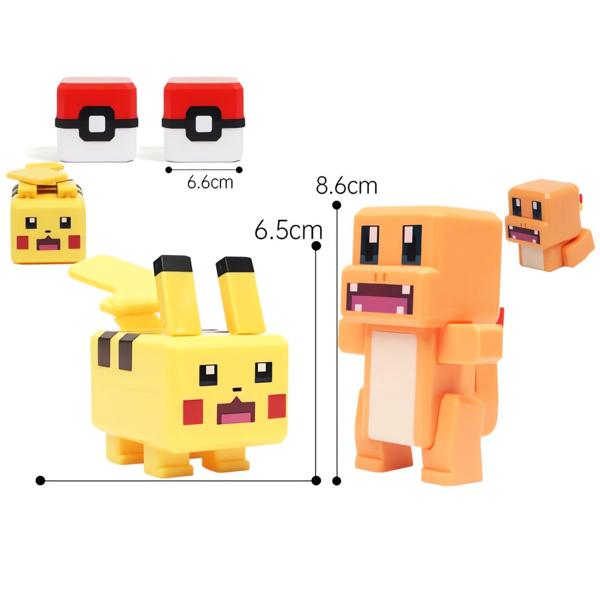 Pixel-style Pokémon figure with a square Poké Ball – Pikachu & Charmander