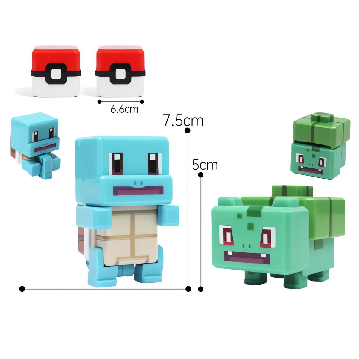 Pixel-style Pokémon figure with a square Poké Ball – Squirtle & Bulbasaur