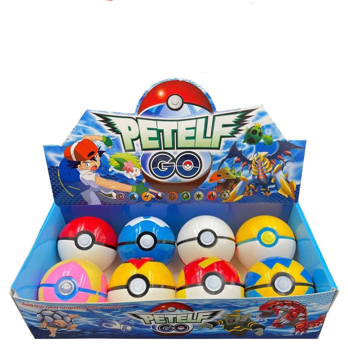 Set of eight large Poké Balls with figures
