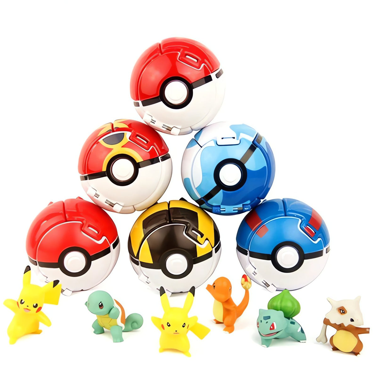 Six Poké Balls with Pokémon figures, 7cm