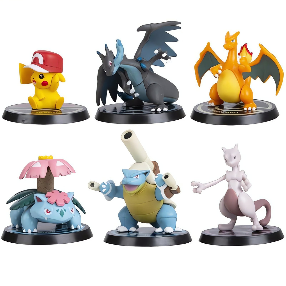 Six Pokémon action figures including Pikachu and Charizard