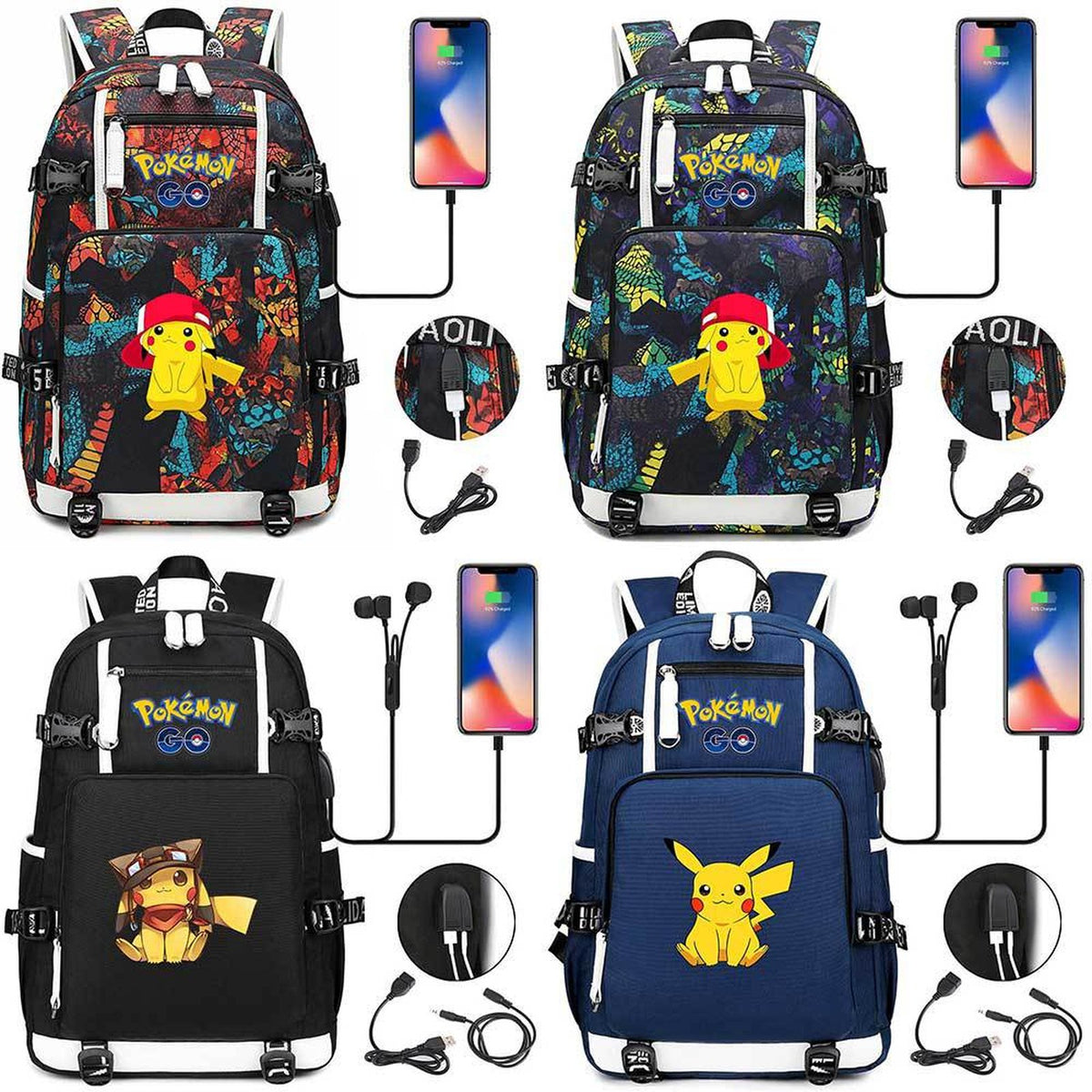 Pikachu Pokémon backpack with phone charging function
