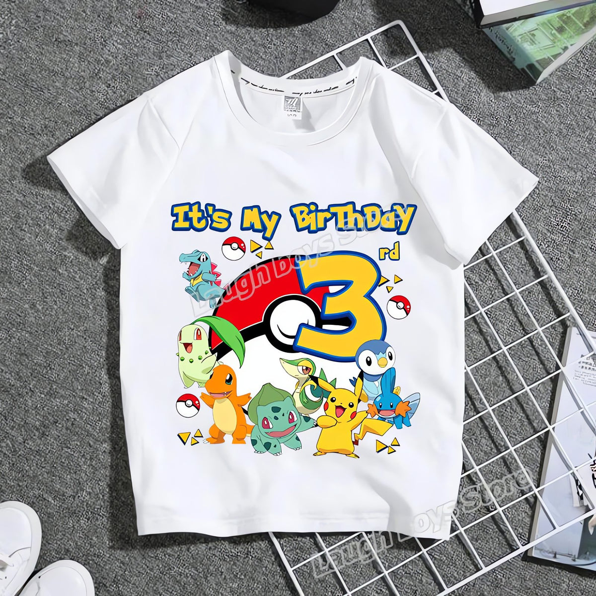 Colourful Pokémon birthday T-shirt with age number – Age 3