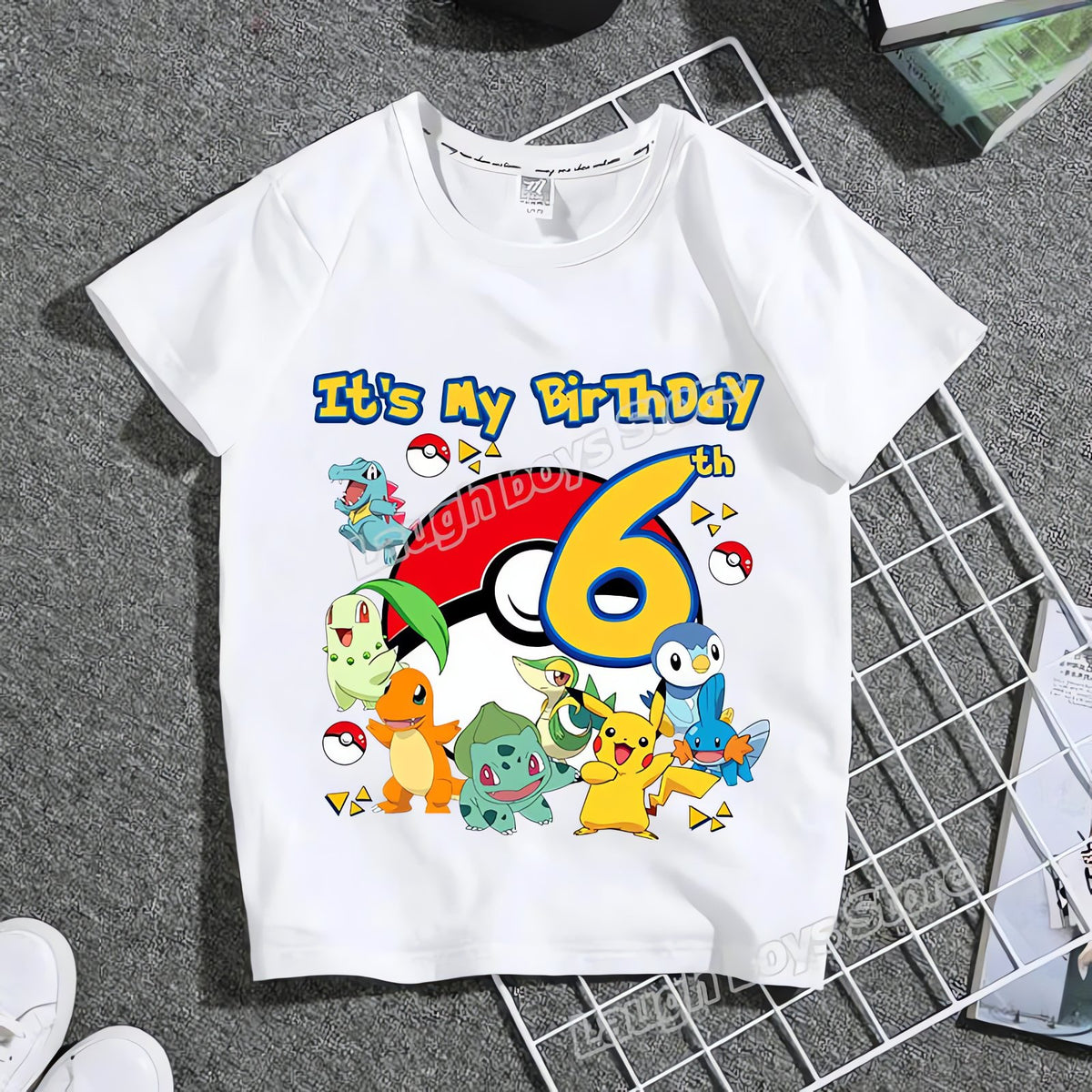 Colourful Pokémon birthday T-shirt with age number – Age 6