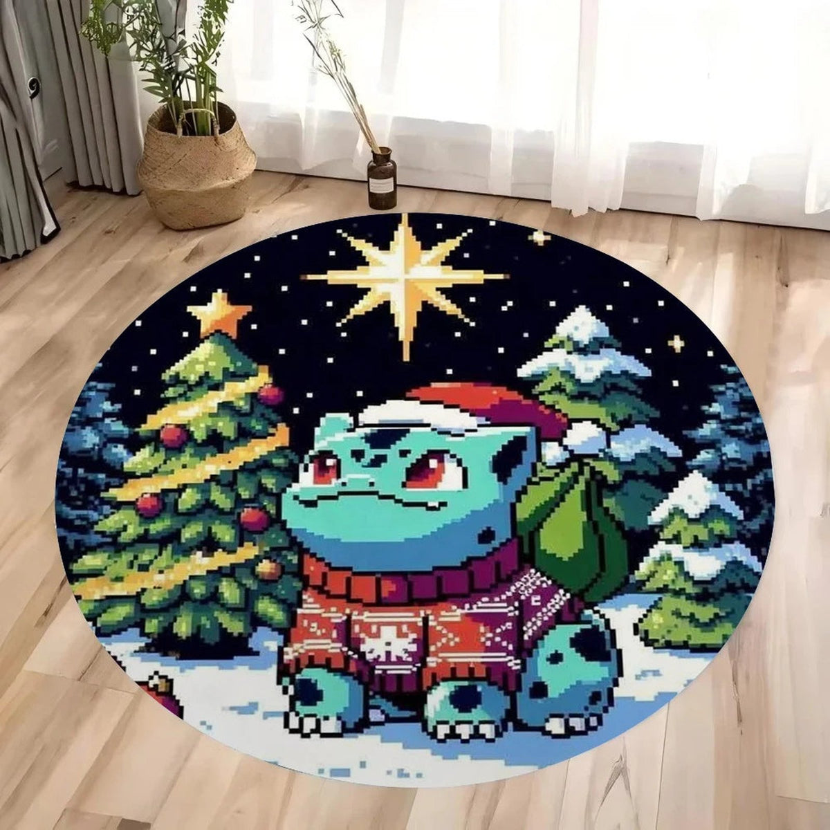 Pokémon Christmas rug in retro pixel style – Bulbasaur