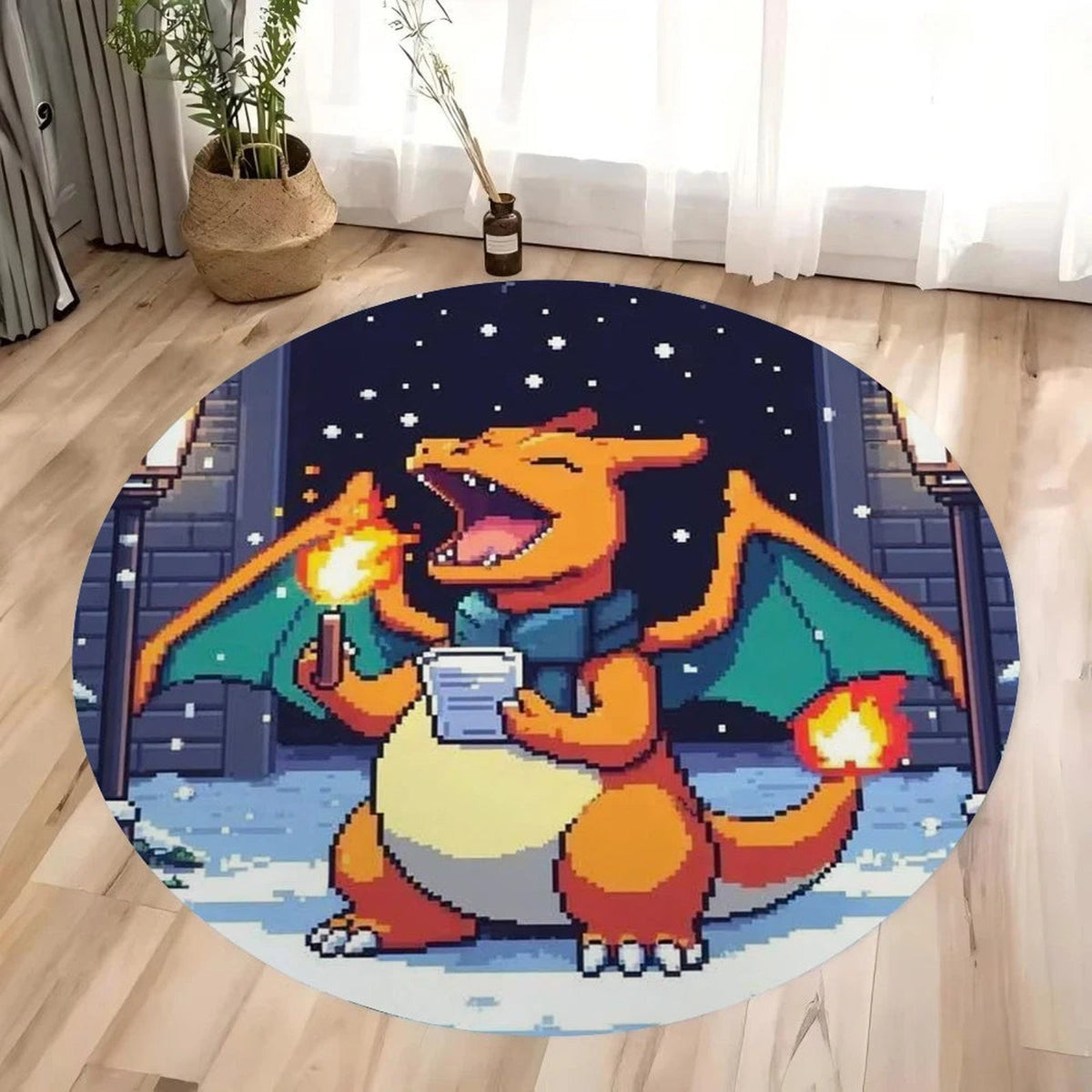 Pokémon Christmas rug in retro pixel style – Charizard