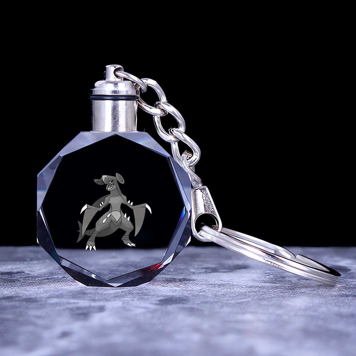 Pokémon crystal keyring with a glowing 3D Pokémon – Garchomp
