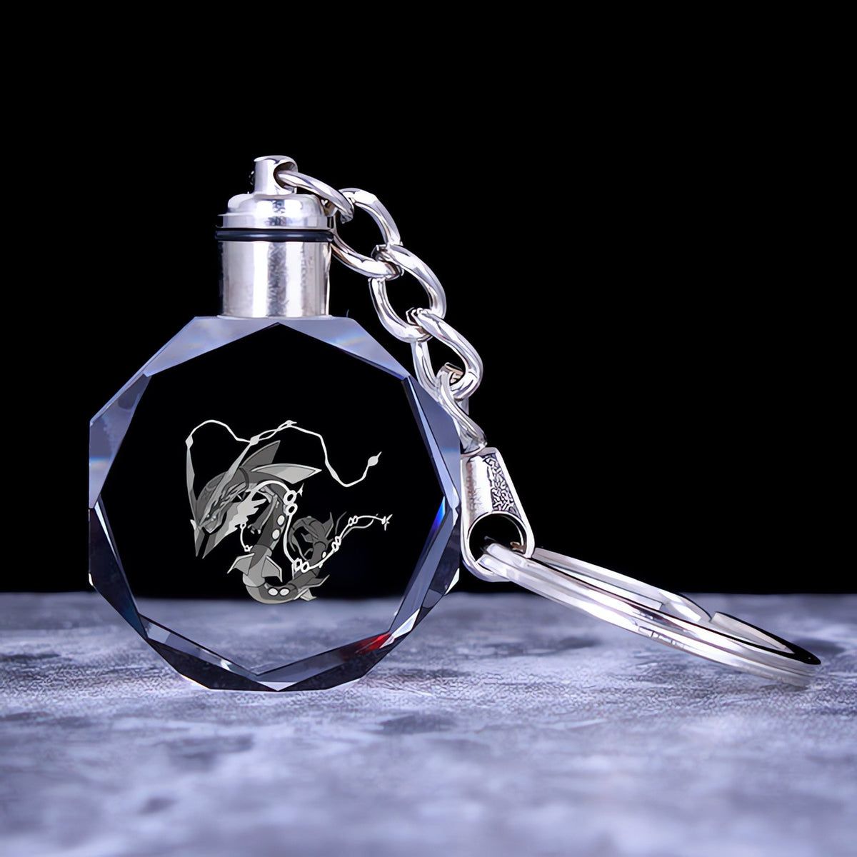 Pokémon crystal keyring with a glowing 3D Pokémon – Mega Rayquaza