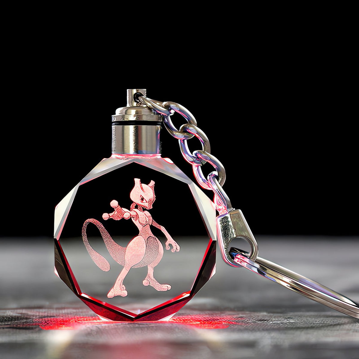Pokémon crystal keyring with a glowing 3D Pokémon – Mewtwo