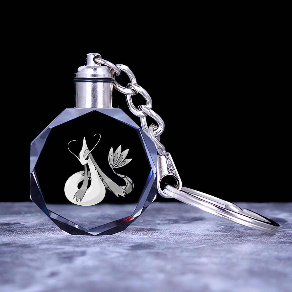 Pokémon crystal keyring with a glowing 3D Pokémon – Milotic