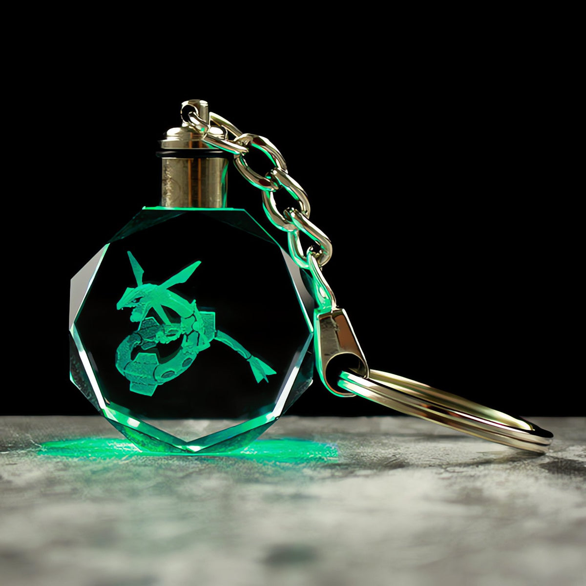 Pokémon crystal keyring with a glowing 3D Pokémon – Rayquaza