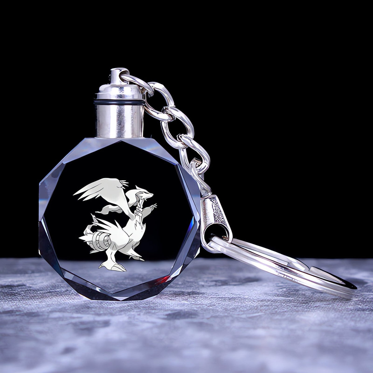 Pokémon crystal keyring with a glowing 3D Pokémon – Reshiram