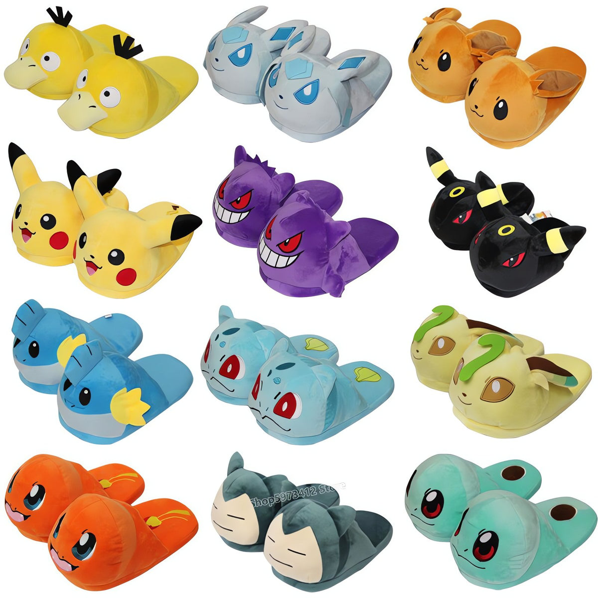 Fluffy Pokémon slippers in various character designs