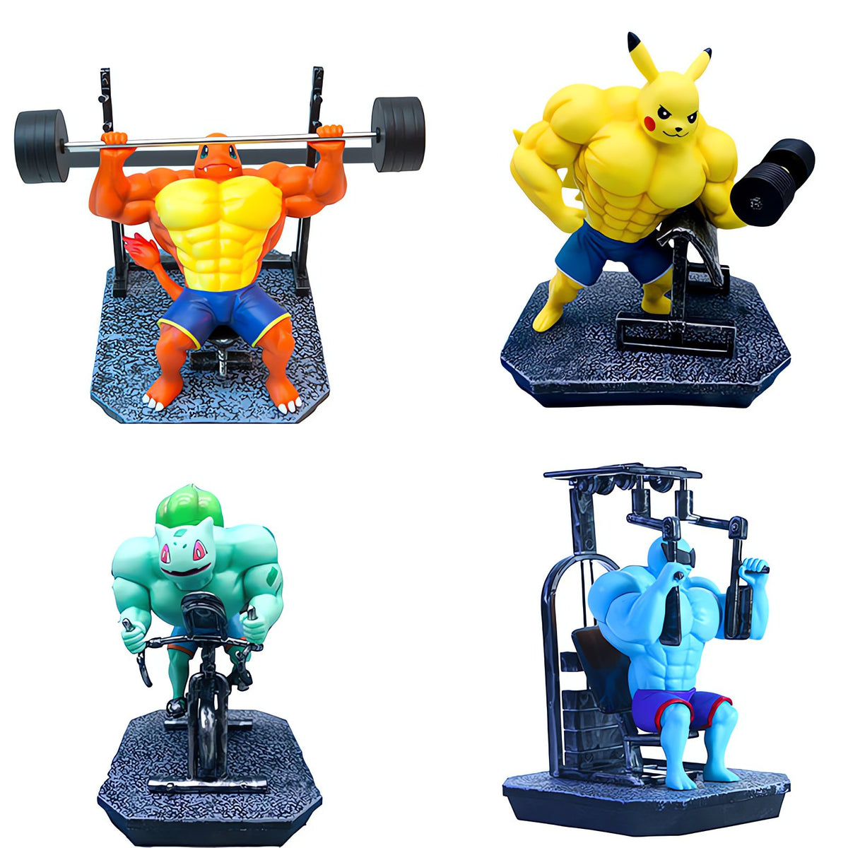 Muscular Pikachu gym figure with dumbbell