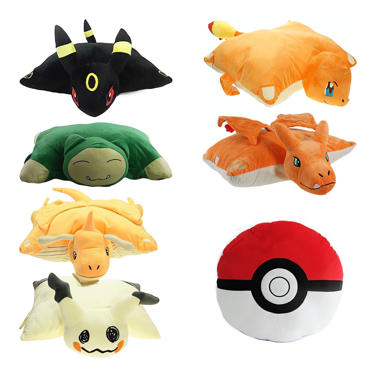 Pokémon plush cushions in Poké Ball, Mimikyu and Snorlax shapes