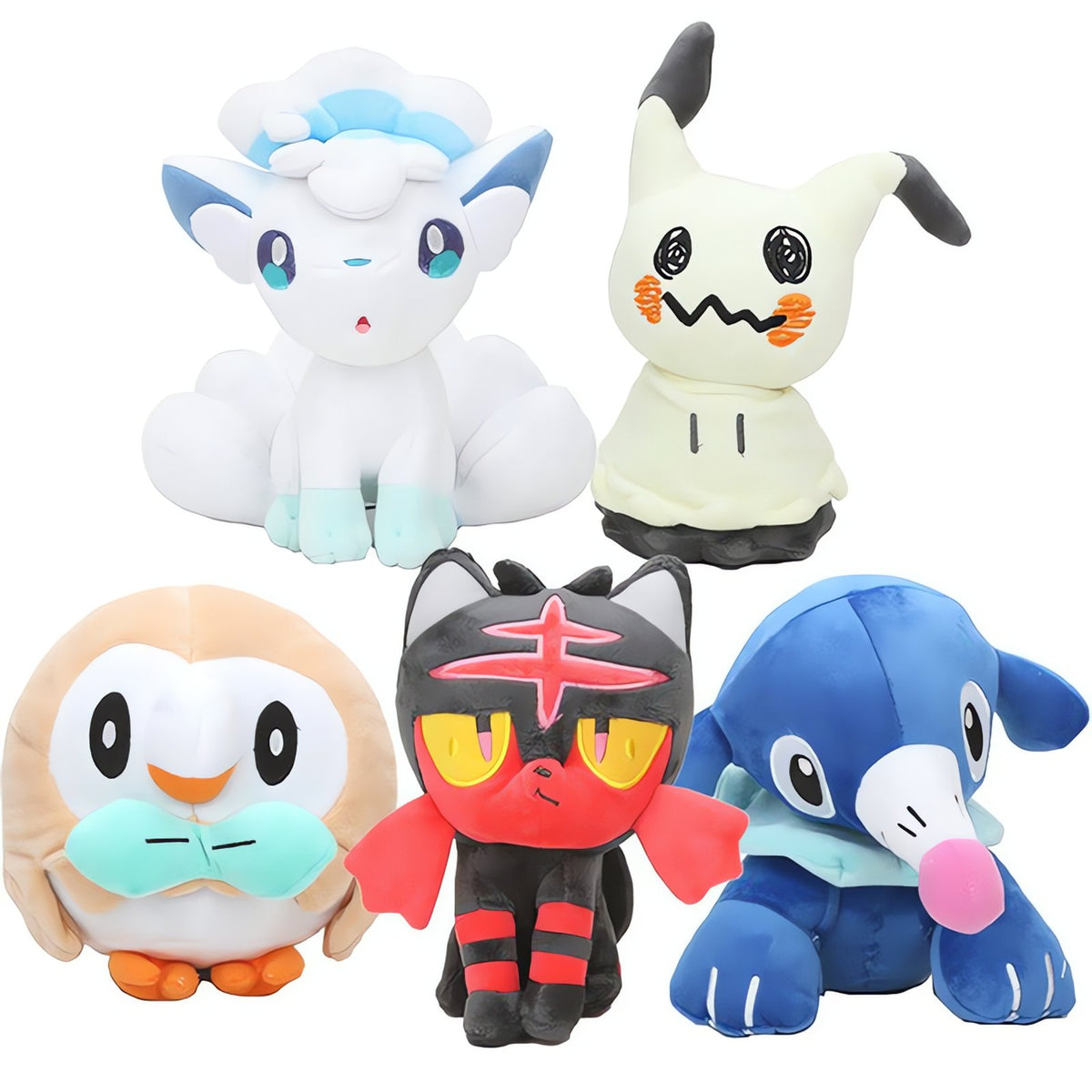 Litten, Popplio, Mimikyu and Alolan Vulpix plush toys