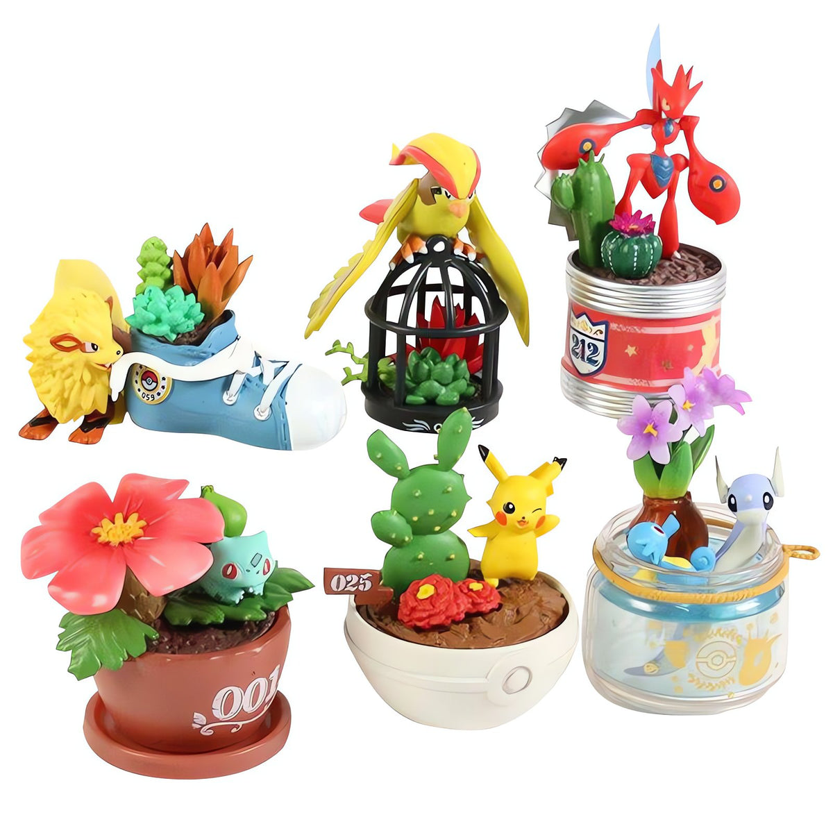 Six Pokémon Pocket Botanical figures with plants