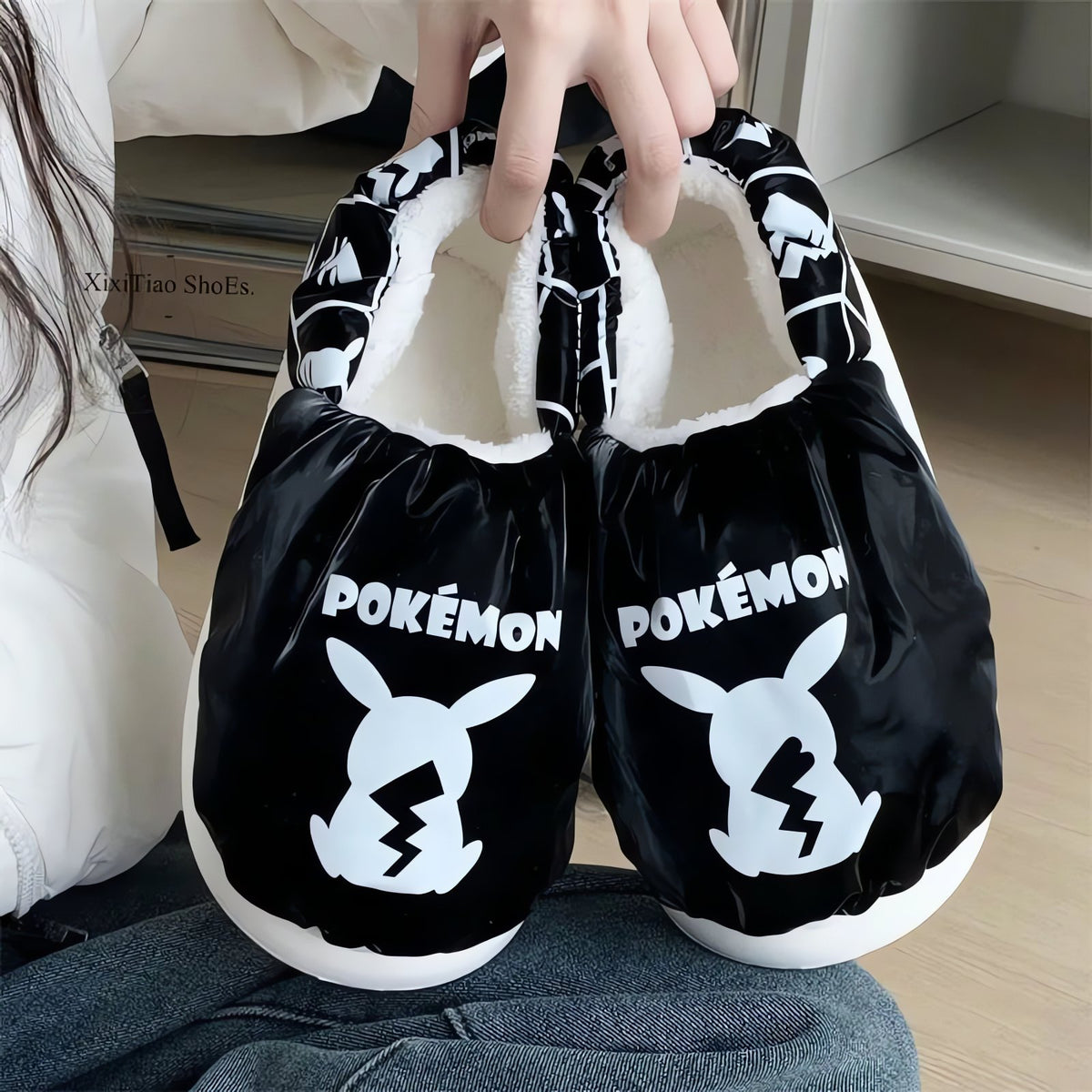 Fluffy Pokémon slippers – Black Pikachu