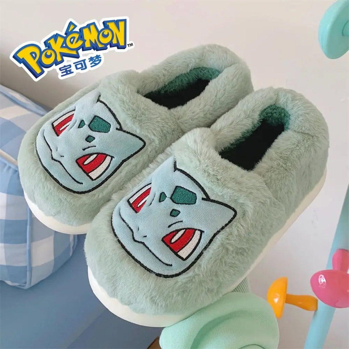 Fluffy Pokémon character slippers – Bulbasaur
