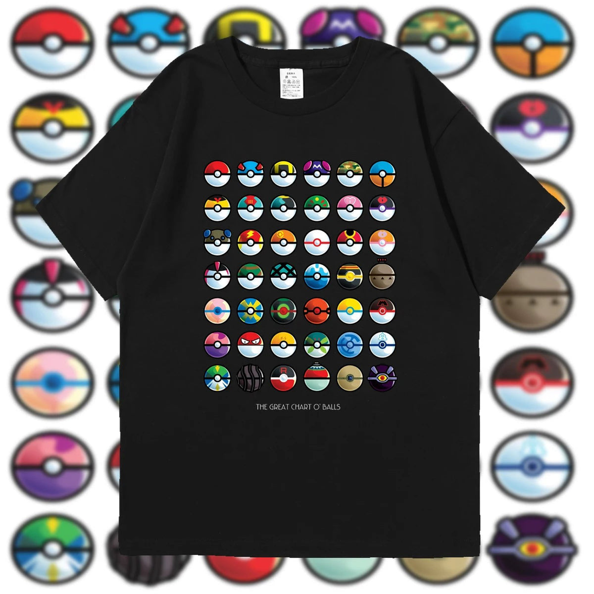 Pokémon T-shirt with a collection of Poké Balls