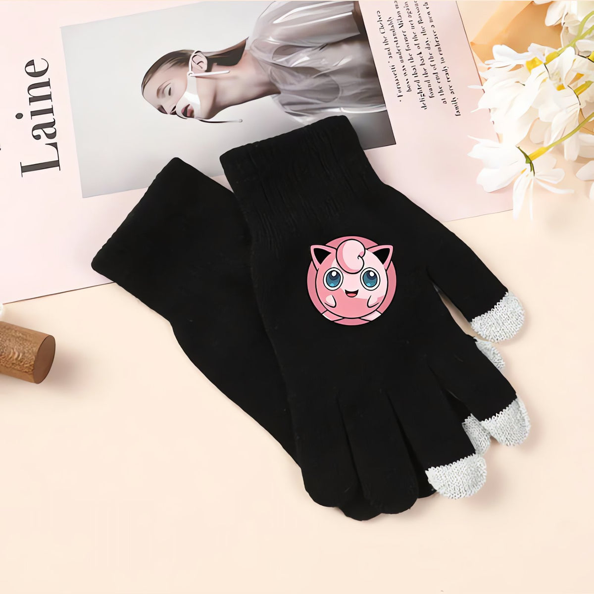 Pokémon winter gloves with touchscreen fingertips – Jigglypuff Black
