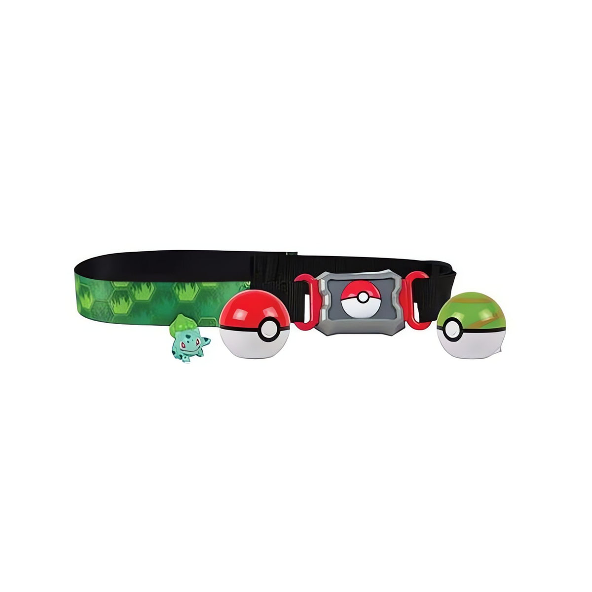 Pokémon trainer belt with two Poké Balls and a figure – Bulbasaur