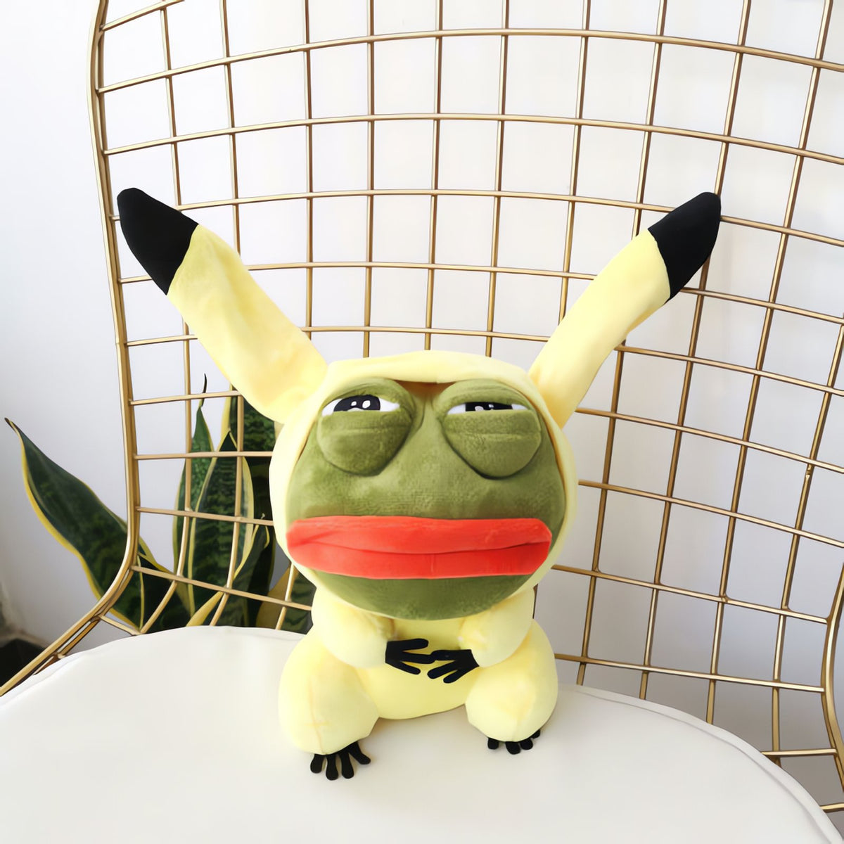 Sad Frog plush dressed in a Pokémon costume – Pikachu
