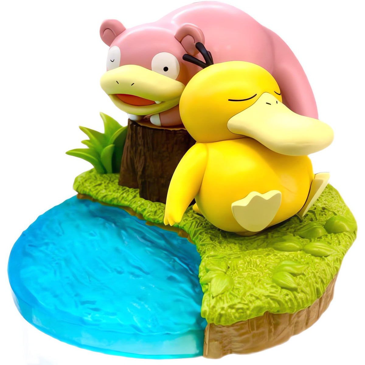 Slowpoke and Psyduck figure resting by a tree stump